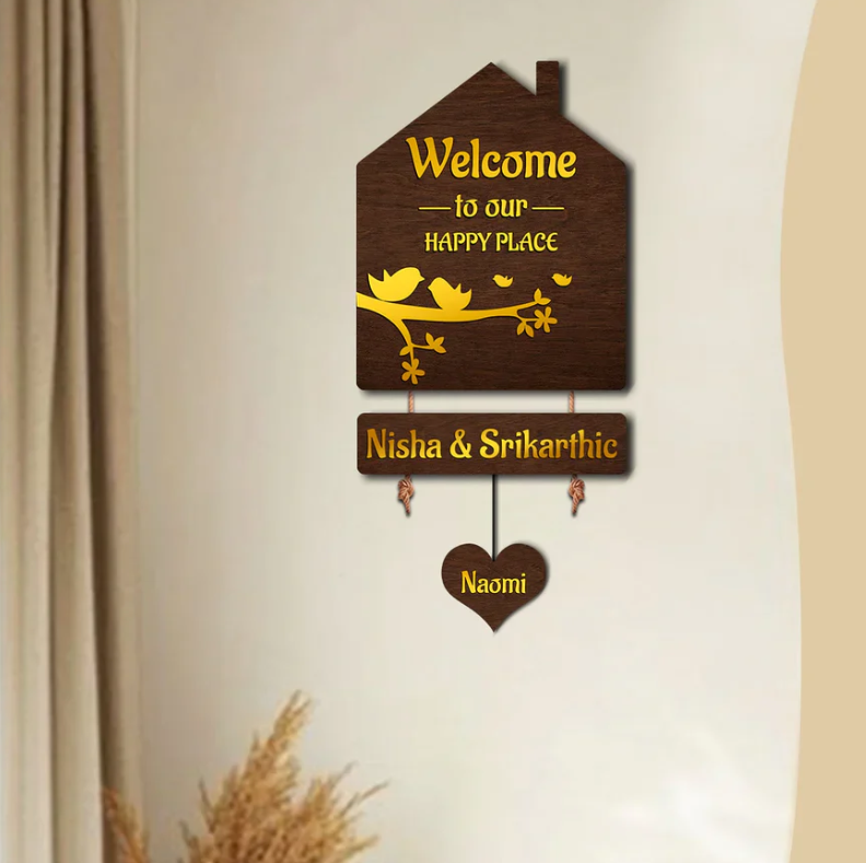Premium 3D Brown Hut Style Name Plate With Golden Acrylic
