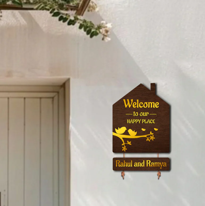 Premium 3D Brown Hut Style Name Plate With Golden Acrylic